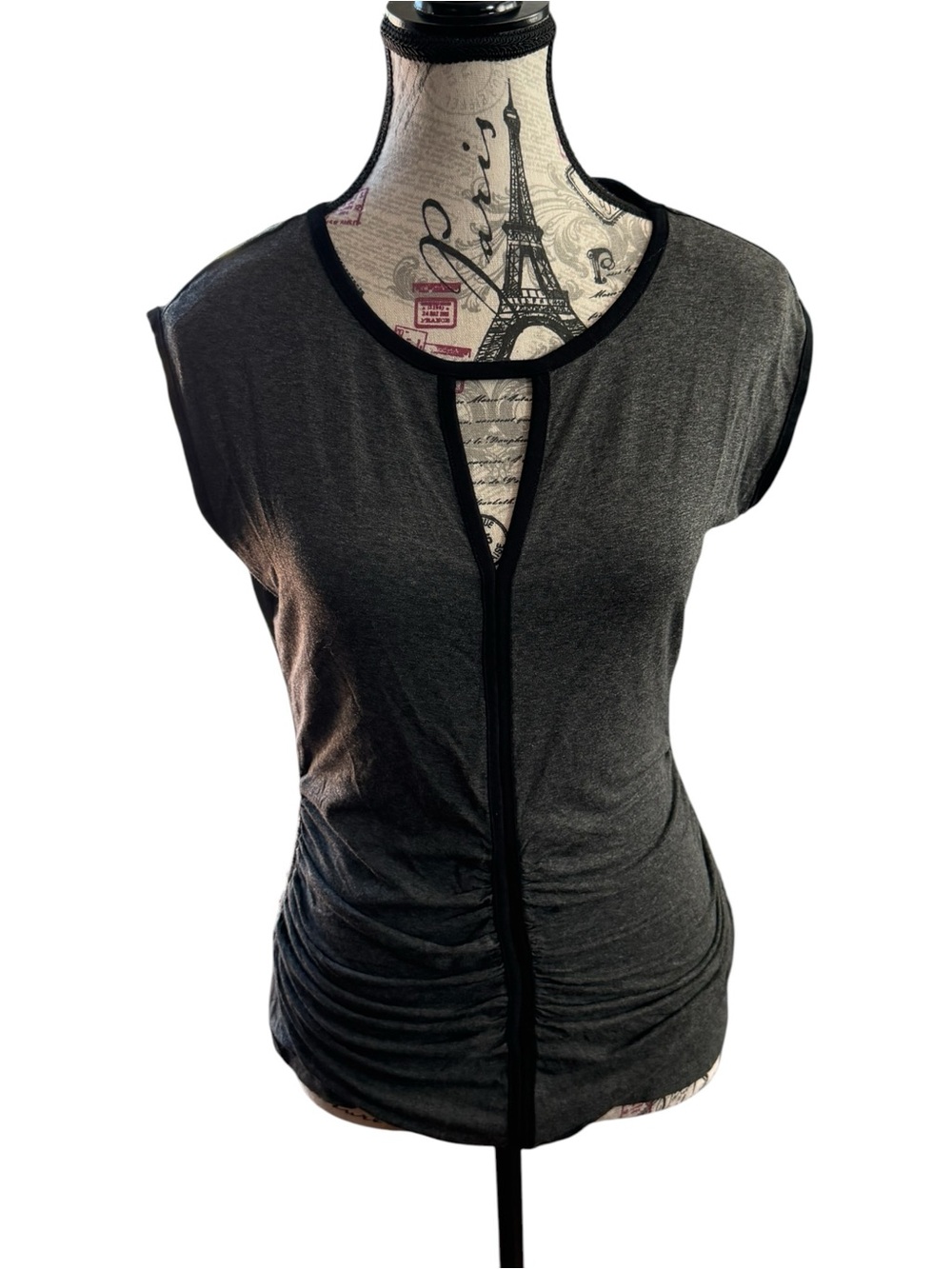 Vince Camuto Charcoal Gray Cap Sleeve Ruched Front Top with Black Trim